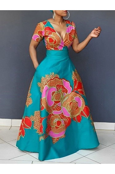 A-Line Loose Floral Printed Split-Joint Deep V-Neck Evening Dresses Maxi Dresses