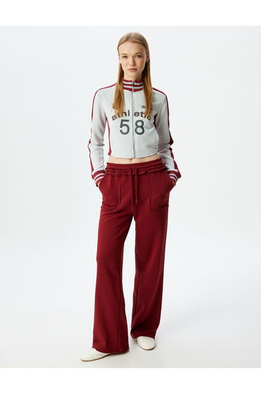 Crop Slim Fit Stand Collar College Printed Zippered Sweatshirt