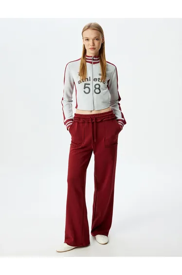 Crop Slim Fit Stand Collar College Printed Zippered Sweatshirt