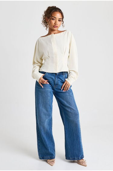Slash Neck Pleat Waist Blouse - ivory