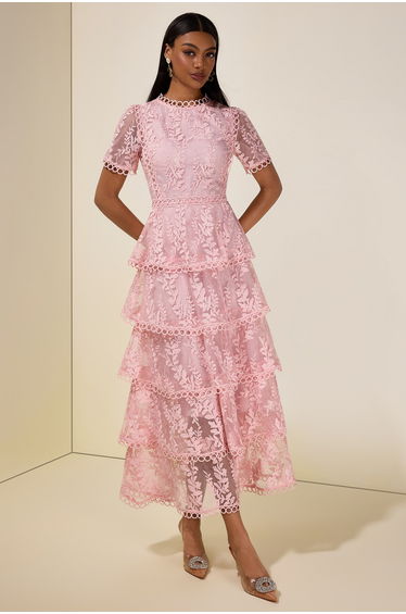 Embroidered Lace Ruffle Maxi Dress
