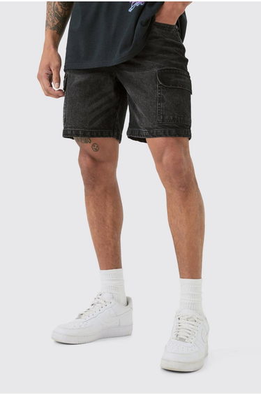 Slim Rigid Cargo Denim Shorts In Black - black