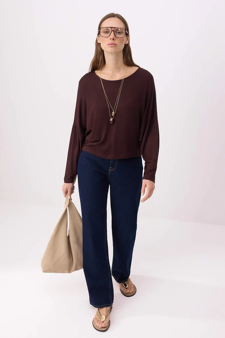 Brown Relaxed Boat Neck Low Shoulder Long Sleeve Stretchy Knitted Blouse
