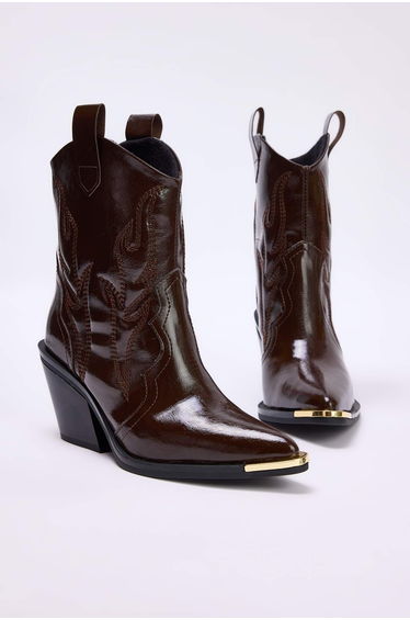 Dark Brown Leather Women's Premium Cowboy Boots with Metal Accessory Detail