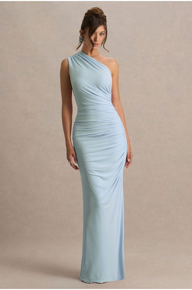 Daphne | Powder Blue Asymmetric-Neck Maxi Dress With Ruched Detailing