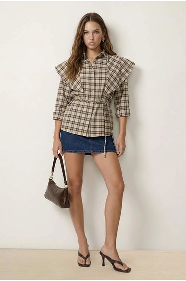 Brown Plaid Detachable Shawl Detailed Shirt