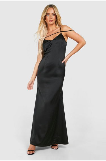 Satin Strappy Plunge Maxi Slip Dress - black