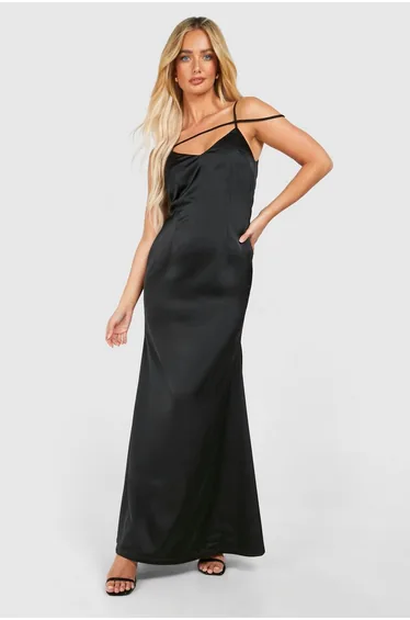Satin Strappy Plunge Maxi Slip Dress - black