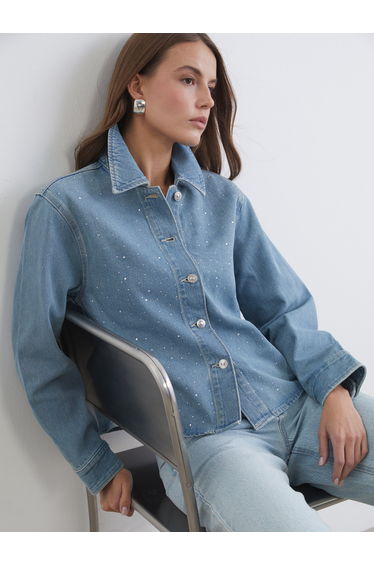 Women's Denim Jacket with Embellished Collar