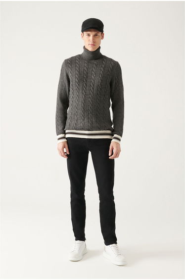 Anthracite Full Turtleneck Hair Braided Standard Fit Normal Cut Knitwear Sweater