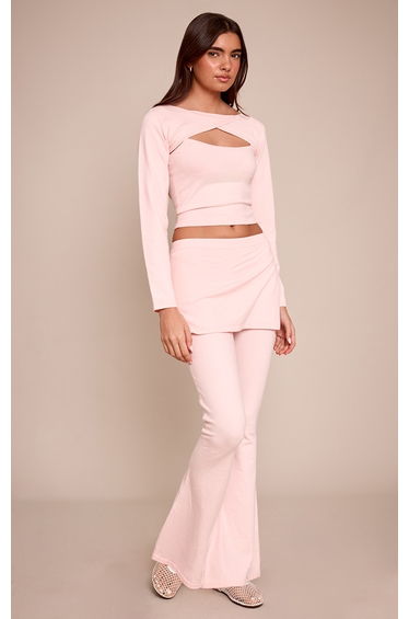 Pink Layered Detail Fine Knit Wide Leg Trouser