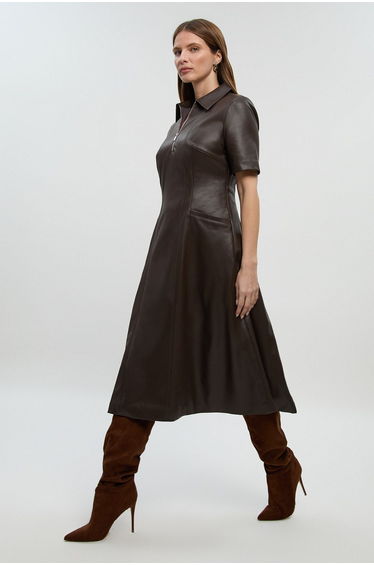 Faux Leather Collared Midi Shirt Dress