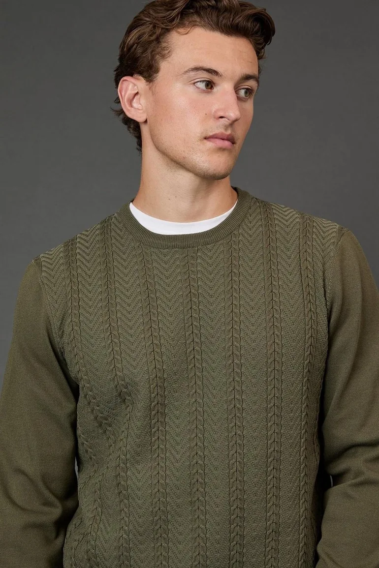 Khaki Cable Crew Neck Jumper - 2