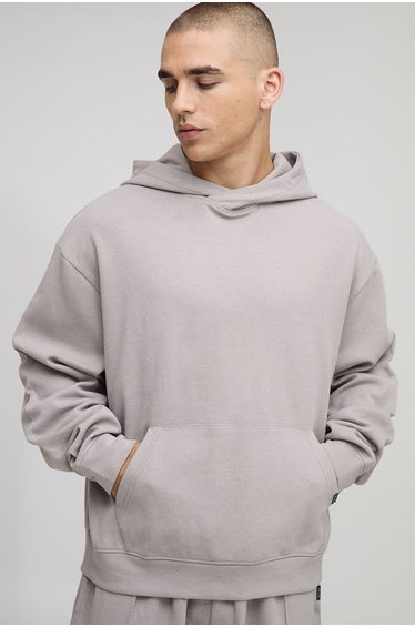 Oversized Boxy Premium Overlap Hood Interlock Hoodie - stone