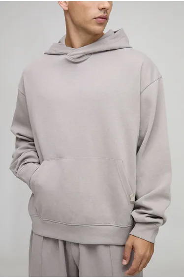 Oversized Boxy Premium Overlap Hood Interlock Hoodie - stone
