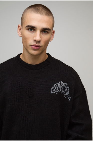 Oversized Boxy Gothic Skeleton Brushed Knitted Jumper - black