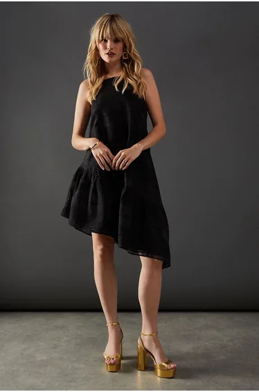 Check Organza High Neck Asymmetric Smock Dress