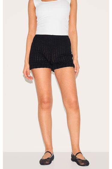 Petite Black Knitted Frill Mini Shorts