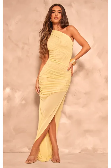 Yellow Mesh Ruched One Shoulder Thigh Split Maxi Dress