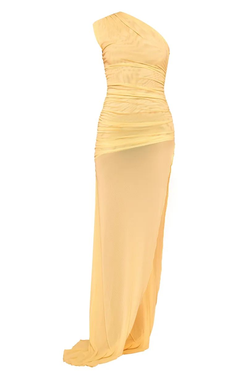 فستان ماكسي ميش مزموم بكتف واحد بفتحة للفخذ - 4