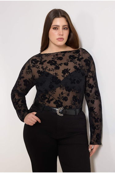 Black Boat Neck See-Through Knitted Plus Size Blouse