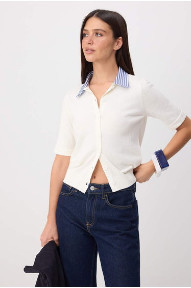 Ecru Limited Edition Shirt Collar Detailed Color Block Slim Blouse
