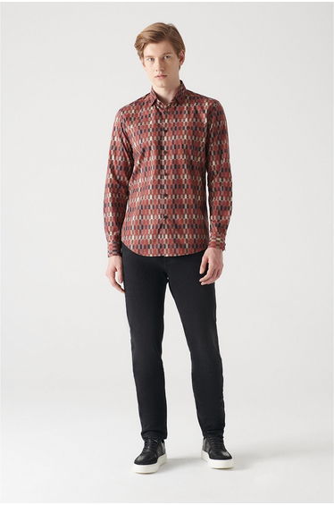 Men's Claret Red with Abstract Pattern 100% Cotton Slim Fit Slim Fit Shirt .