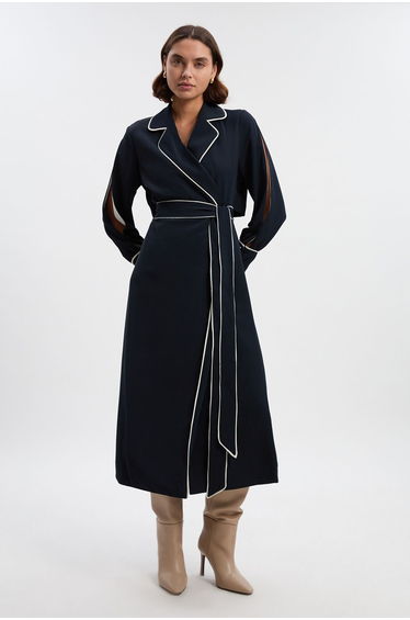 Petite Contrast Tipping Tie Waist Long Sleeve Woven Trench Midi Dress
