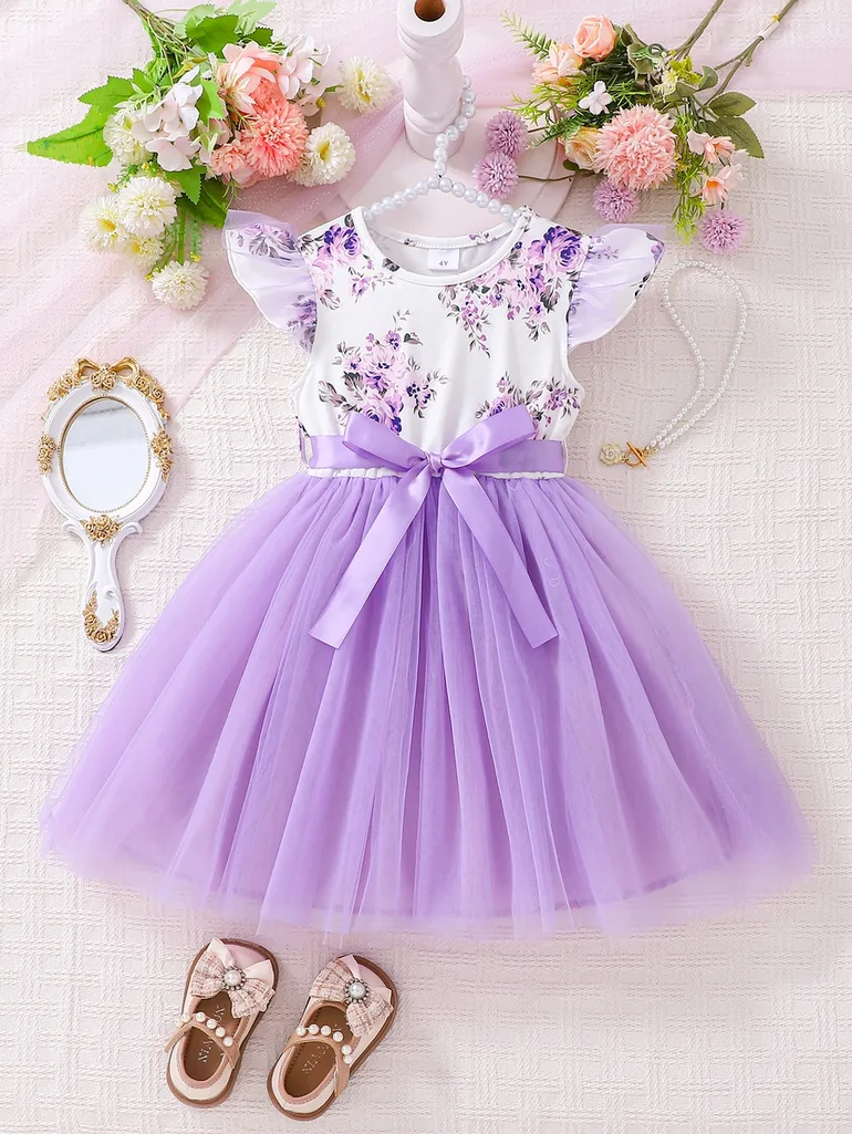 Girls Purple Floral A-Line Mini Dress