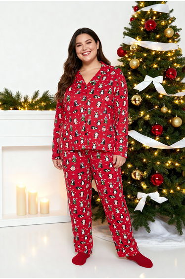 Red Shirt Collar New Year Themed Knitted Pajama Set