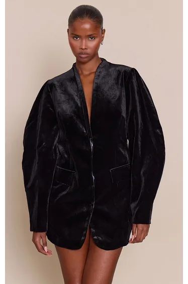 Black Velvet Balloon Sleeve Blazer Dress