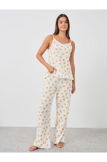 All-Over Cherry Print Cotton Gauze Ruffle Hem Cami and Pyjama Set