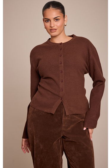 Plus Chocolate Button Down Long Sleeve Knitted Cardigan