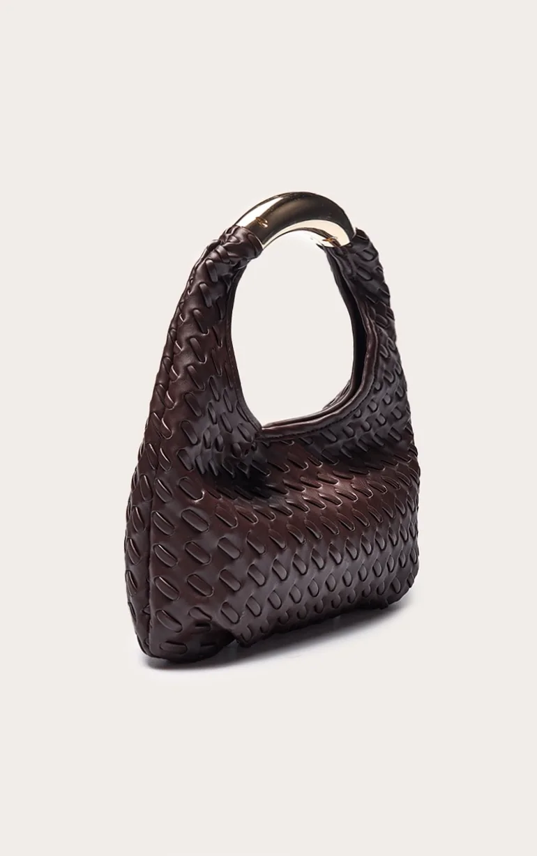 Chocolate PU Weave Metal Handle Shoulder Bag - 2