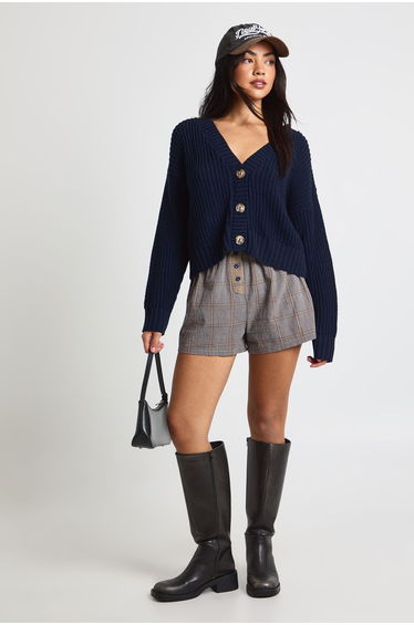Button Through Crop Cardigan - navy