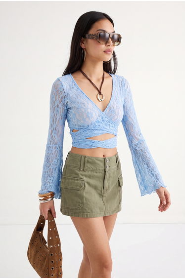 Blue Plain Bolero V-Neck Standard Sleeve Long Tie Detailed Super Crop Tulle Knitted Blouse