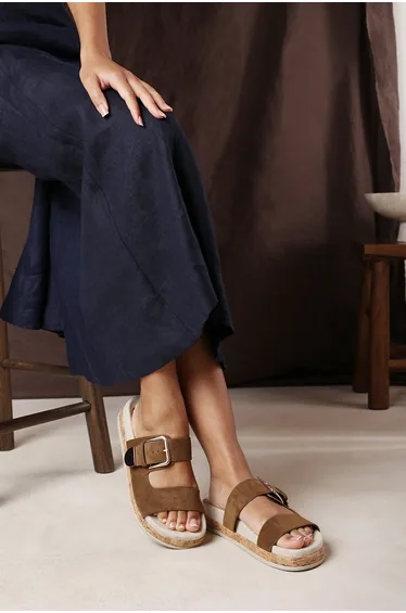 Avenue Buckle Footbed Khaki Suede Sandal