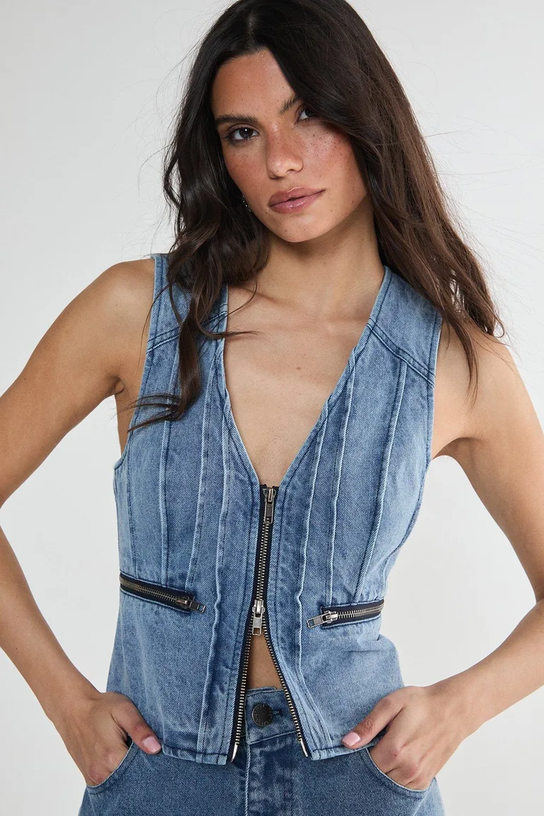 Denim Seam Detail Zip Waistcoat