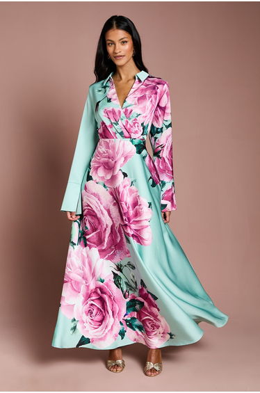 Petite Placement Print Wrap Front Gown