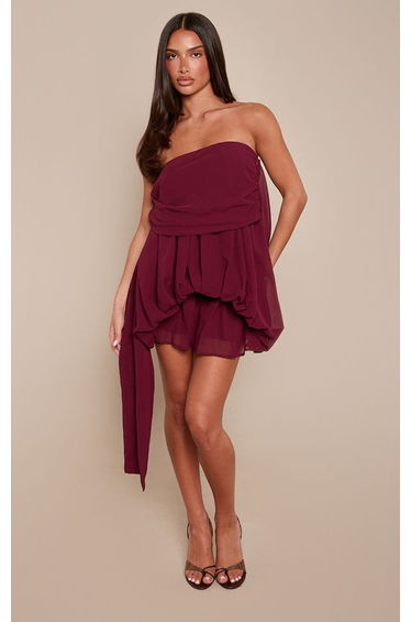 Plum Chiffon Bandeau Drape Puffball Playsuit