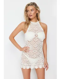 Ecru Fitted Mini Knitted Backless Knitwear Look Beach Dress