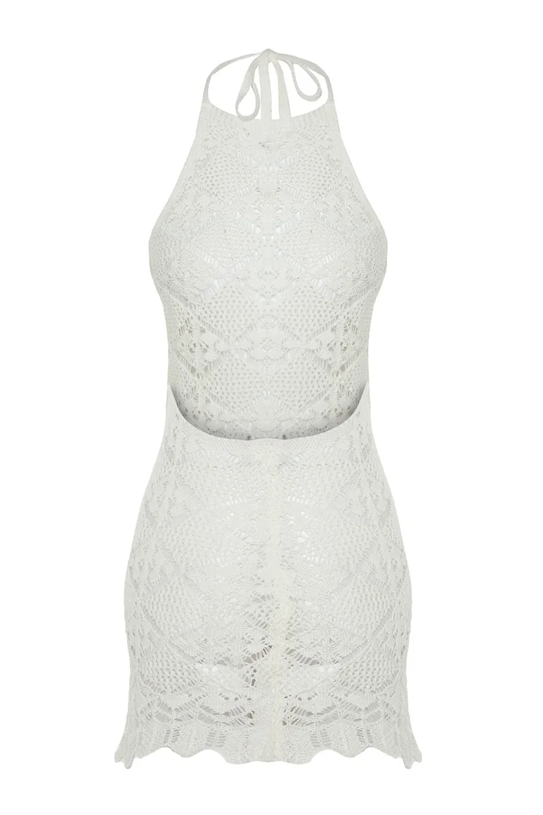 Ecru Fitted Mini Knitted Backless Knitwear Look Beach Dress - 7