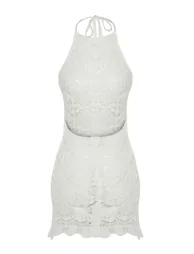 Ecru Fitted Mini Knitted Backless Knitwear Look Beach Dress - 7