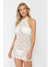 Ecru Fitted Mini Knitted Backless Knitwear Look Beach Dress - 1