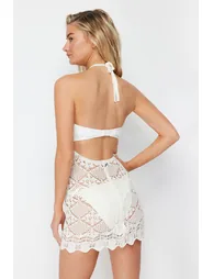 Ecru Fitted Mini Knitted Backless Knitwear Look Beach Dress - 3