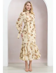 Inky Floral Printed Scarf-Tie Neck Chiffon Dress in Soft Cream for Garden Parties & Wedding Guests - 2