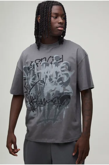 Oversized Spray Graffiti Print T-shirt - charcoal