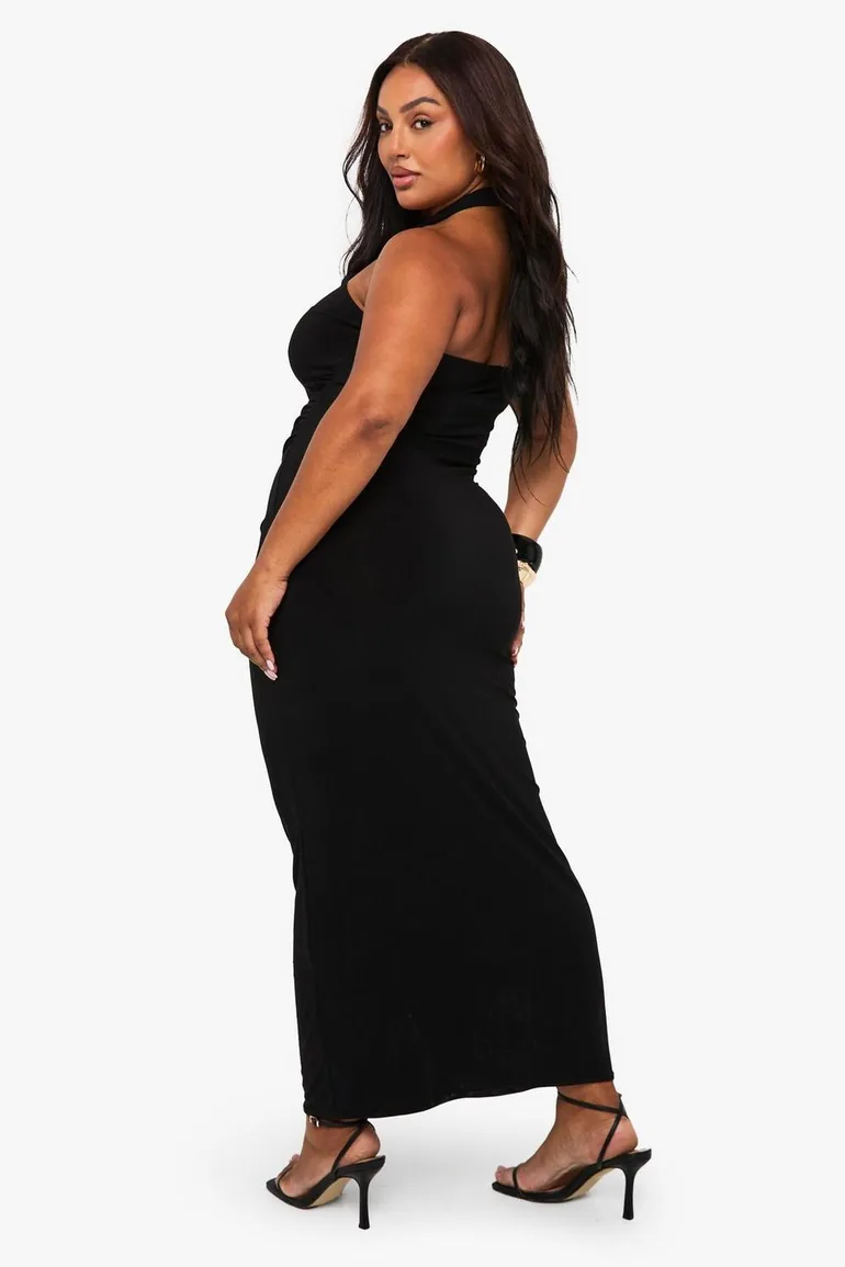 Plus Trim Detail Halterneck Ruched Maxi Dress - black - 1