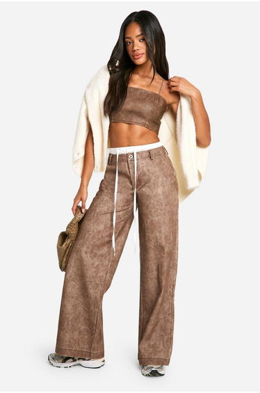 Boxer Waistband Washed Pu Straight Leg Trouser