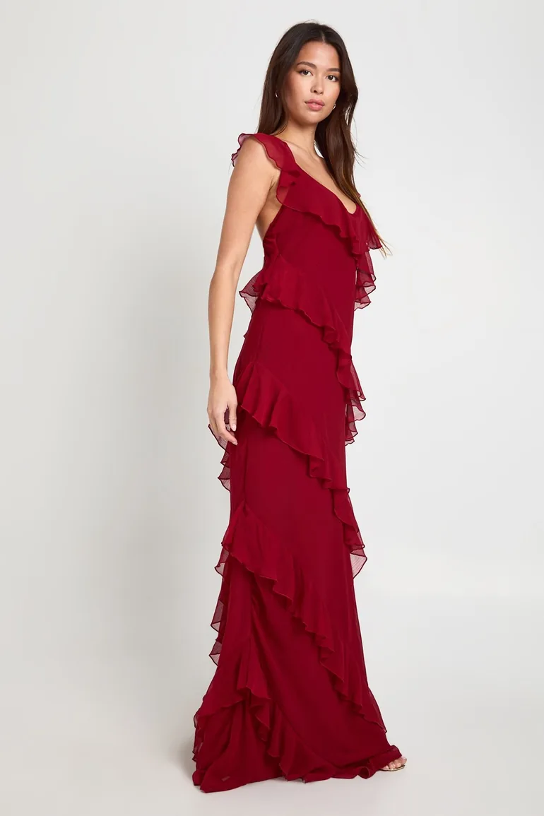 Chiffon Ruffle Strappy Maxi Dress - merlot - 2
